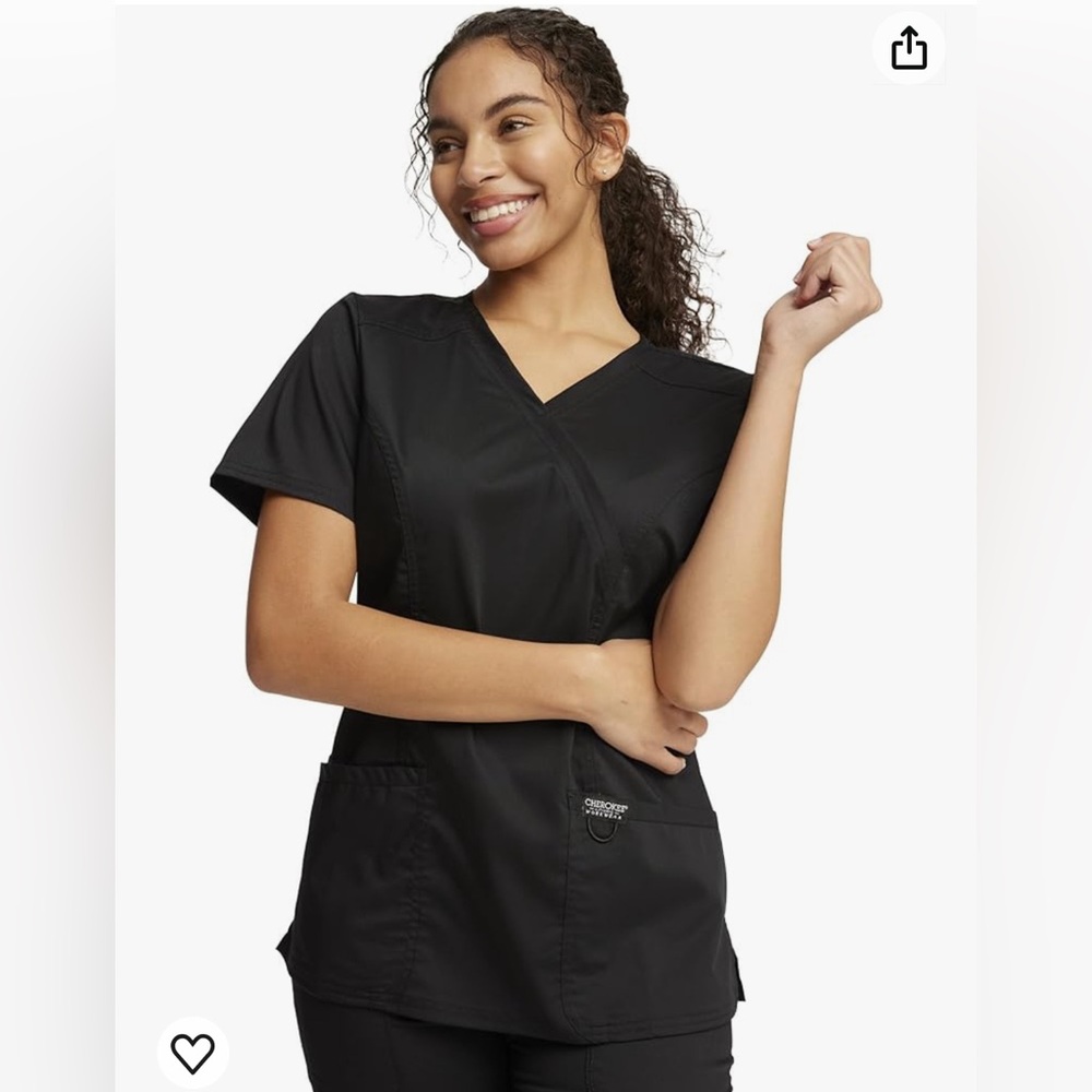 NWT Cherokee Scrubs for Women Mock Wrap Top with 3 Pocket- Black